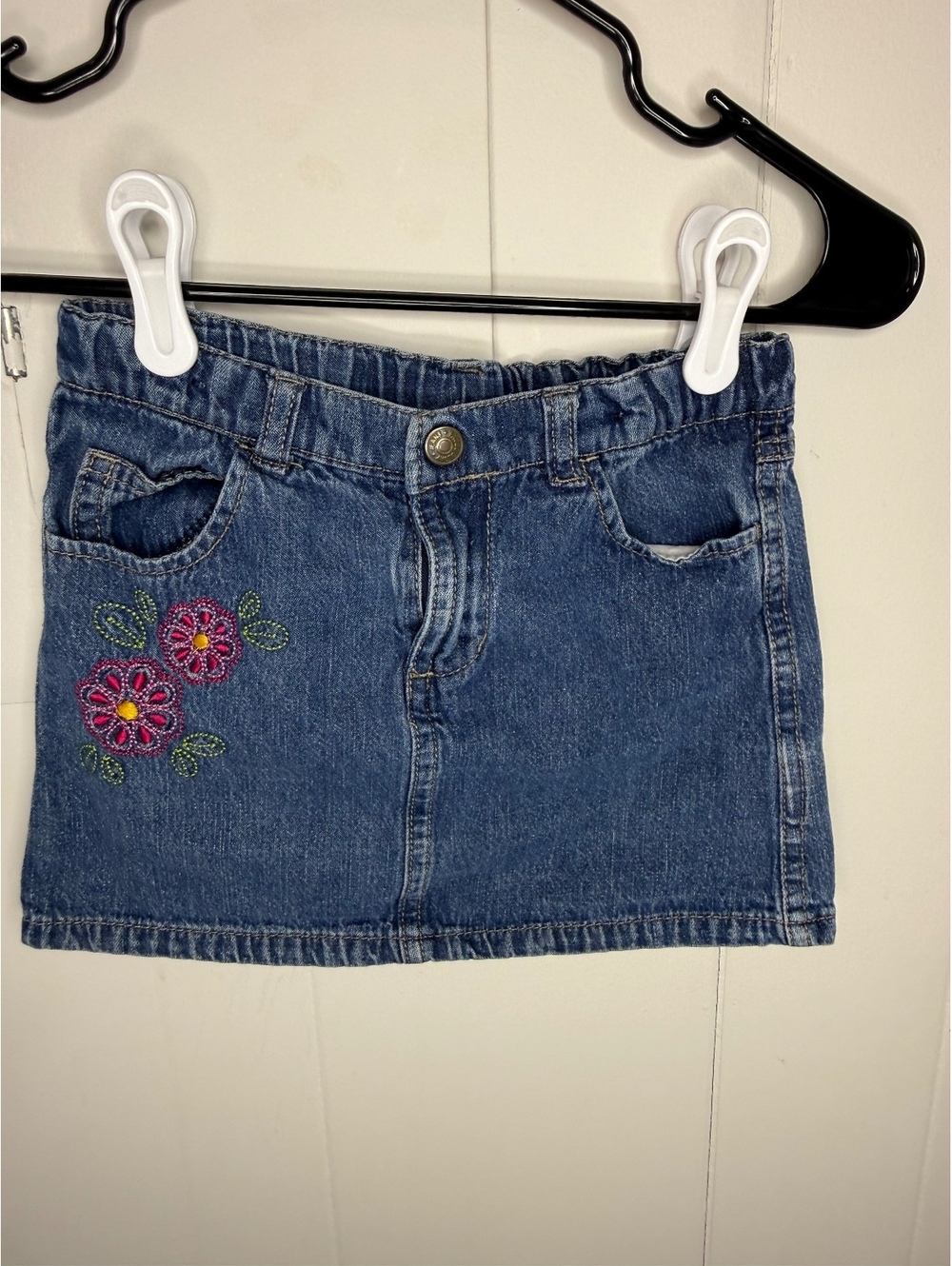 Vintage Faded Glory Girls' Denim Skirt with Floral Embroidery, Size 5T